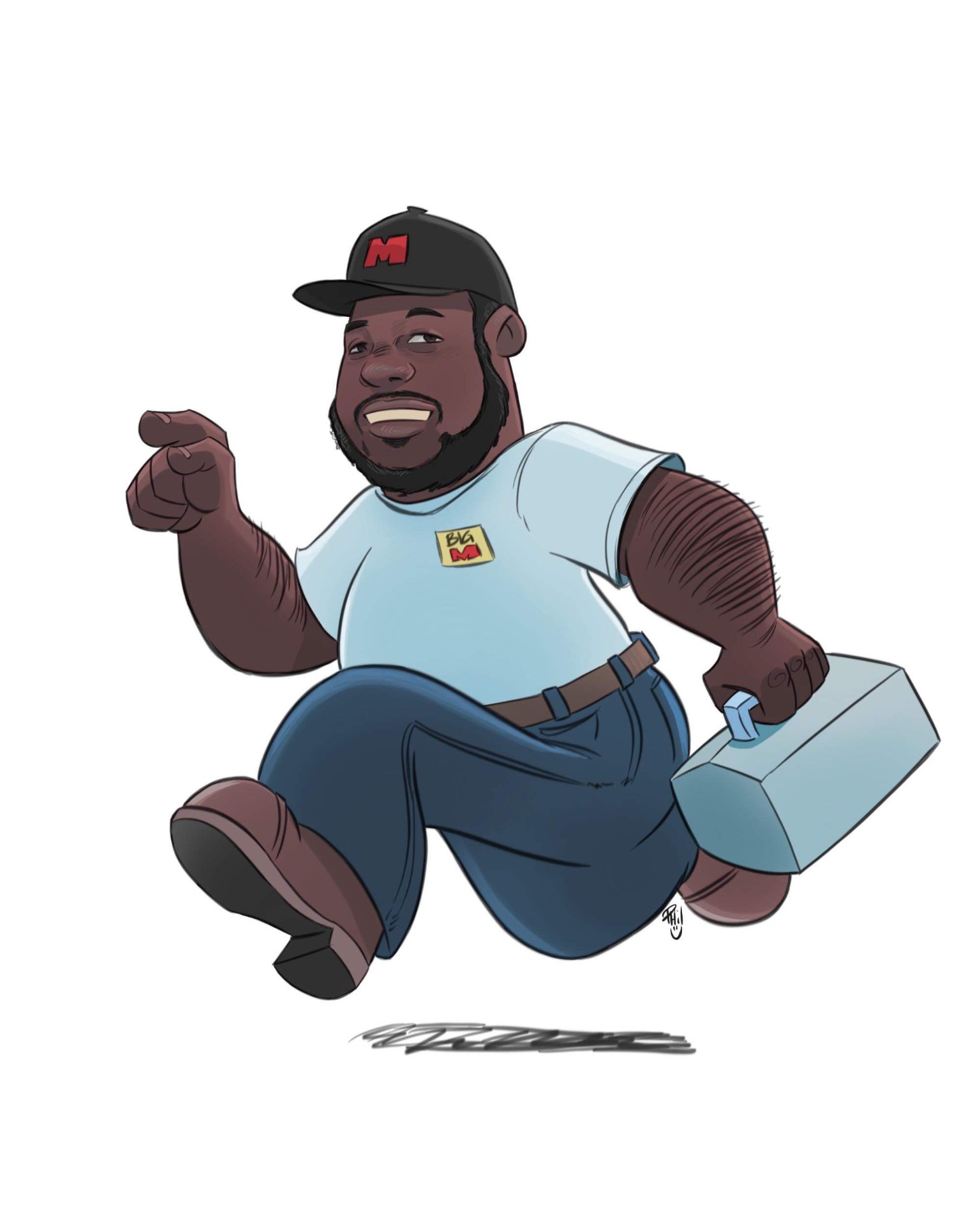 Big M Tires mascot — friendly mechanic with toolbox
