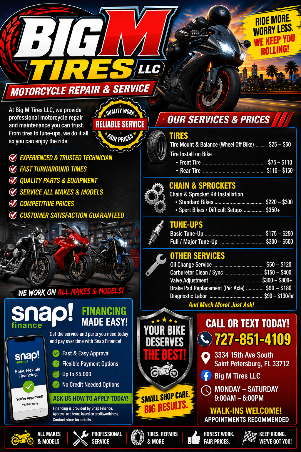 Big M Tires motorcycle service flyer